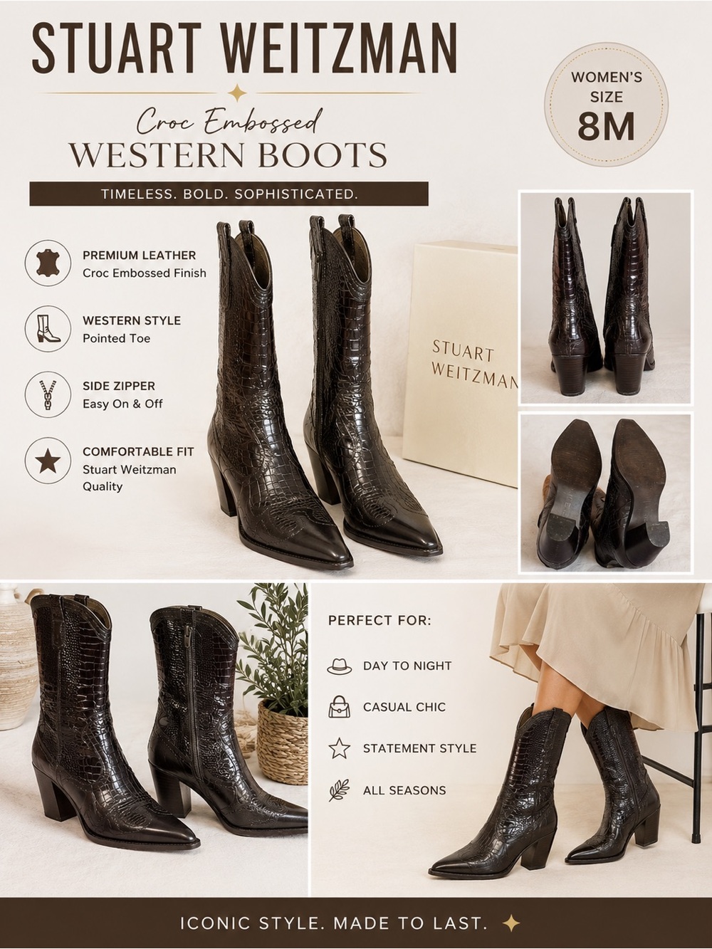 Vintage Stuart Weitzman Dark Brown Croc-Embossed Western Heeled Boots